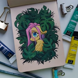 Size: 2560x2560 | Tagged: safe, artist:amishy, imported from derpibooru, fluttershy, pegasus, pony, bush, cute, female, floppy ears, leaves, looking at you, mare, shy, shyabetes, solo, traditional art