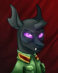 Size: 1200x1500 | Tagged: safe, artist:mr.catfish, imported from derpibooru, oc, changeling, human, equestria at war mod, bald, broken horn, bust, changeling oc, eye scar, facial scar, frown, horn, humanized, looking at you, male, portrait, purple eyes, red background, scar, simple background, solo