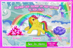 Size: 1958x1297 | Tagged: safe, idw, imported from derpibooru, skydancer, pegasus, pony, advertisement, bow, costs real money, english, female, g1, g4, gameloft, gem, idw showified, magic coins, mare, mobile game, my little pony: magic princess, numbers, official, sale, solo, tail, tail bow, text, wings