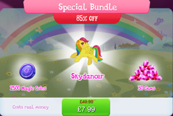 Size: 1270x854 | Tagged: safe, idw, imported from derpibooru, skydancer, pegasus, pony, bow, bundle, costs real money, english, female, g1, g4, gameloft, gem, idw showified, magic coins, mare, mobile game, my little pony: magic princess, numbers, official, sale, solo, tail, tail bow, text, wings