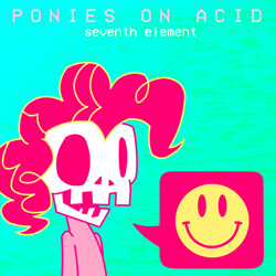 Size: 1400x1400 | Tagged: safe, artist:hackd, imported from derpibooru, pinkie pie, earth pony, pony, acid, album cover, bipedal, bust, pictogram, skull, smiley face, solo, speech bubble