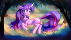 Size: 3840x2160 | Tagged: safe, artist:silshadnic, imported from twibooru, twilight sparkle, pony, unicorn, aside glance, forest, grass, image, looking at you, looking sideways, looking to the right, needs more jpeg, sideways glance, signature, solo, tree, unicorn twilight, unshorn fetlocks