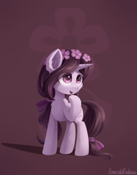 Size: 1800x2300 | Tagged: safe, artist:emeraldgalaxy, imported from derpibooru, oc, oc only, pony, unicorn, commission, ear fluff, eye clipping through hair, eyebrows, eyebrows visible through hair, female, flower, flower in hair, high res, horn, mare, open mouth, open smile, signature, smiling, solo, unicorn oc