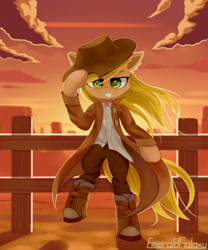 Size: 2500x3000 | Tagged: safe, artist:emeraldgalaxy, imported from derpibooru, applejack, earth pony, pony, bipedal, boots, clothes, coat, cowboy hat, eyebrows, female, fence, freckles, g4, grin, hat, high res, longcoat, looking at you, mare, outdoors, pants, shirt, shoes, signature, smiling, smiling at you, solo