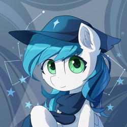 Size: 3000x3000 | Tagged: safe, artist:emeraldgalaxy, imported from derpibooru, oc, oc only, oc:cynosura, pegasus, pony, bust, clothes, commission, ear fluff, eye clipping through hair, eyebrows, eyebrows visible through hair, female, hat, high res, looking at you, mare, pegasus oc, scarf, signature, smiling, smiling at you, solo, wings