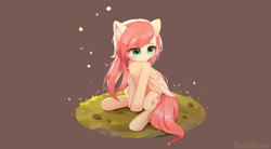 Size: 2650x1460 | Tagged: safe, artist:emeraldgalaxy, imported from derpibooru, fluttershy, pegasus, pony, backlighting, brown background, chest fluff, colored ear fluff, colored pinnae, cute, ear fluff, eyebrows, eyebrows visible through hair, female, folded wings, g4, grass, mare, shyabetes, signature, simple background, sitting, solo, wings