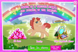 Size: 1957x1301 | Tagged: safe, idw, imported from derpibooru, peachy, earth pony, pony, advertisement, bow, bush, costs real money, english, female, g1, g4, gameloft, gem, idw showified, mare, mobile game, my little pony: magic princess, numbers, official, sale, solo, tail, tail bow, text