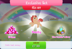 Size: 1266x856 | Tagged: safe, idw, imported from derpibooru, peachy, earth pony, pony, bow, bundle, bush, costs real money, english, female, g1, g4, gameloft, gem, idw showified, mare, mobile game, my little pony: magic princess, numbers, official, sale, solo, tail, tail bow, text