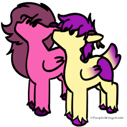 Size: 3000x3000 | Tagged: safe, imported from derpibooru, oc, deer, deer pony, hybrid, original species, pegasus, pony, antlers, body markings, clothes, colored wings, cute, deer tail, duo, pink coat, pink mane, purple mane, small, socks, tail, wings, yellow coat