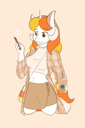 Size: 1365x2048 | Tagged: safe, artist:mscolorsplash, imported from derpibooru, oc, oc only, oc:candy corn, anthro, unicorn, belly button, breasts, busty oc, cellphone, clothes, coffee cup, cup, drink, eyebrows, eyebrows visible through hair, female, flannel, mare, midriff, orange background, phone, pumpkin spice, simple background, skirt, smartphone, smiling, solo, starbucks