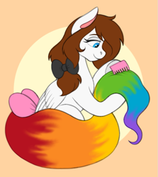 Size: 601x675 | Tagged: safe, artist:bluegirrafe17, imported from derpibooru, oc, oc only, oc:color splash, pegasus, pony, bow, comb, female, hair bow, hoof hold, lidded eyes, mare, orange background, rainbow tail, simple background, smiling, solo, tail, tail bow