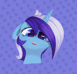 Size: 1358x1315 | Tagged: safe, artist:luneinspace, imported from derpibooru, minuette, pony, unicorn, bust, cute, floppy ears, hair over eyes, happy, looking at you, open mouth, open smile, portrait, smiling, smiling at you