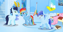 Size: 749x382 | Tagged: safe, artist:xkittycreatorx, imported from derpibooru, rainbow dash, soarin', oc, oc:comet soar, pegasus, pony, female, male, mare, offspring, parent:rainbow dash, parent:soarin', parents:soarindash, shipping, soarindash, stallion, straight