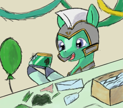 Size: 2184x1909 | Tagged: safe, artist:php176, imported from derpibooru, pegasus, pony, armor, art style test, balloon, birthday, box, clothes, different art style, envelope, g5, happy, helmet, male, messy art style, open mouth, paper, pegasus royal guard, present, royal guard, shoes, sketchy, sneakers, solo, stallion, streamers, table, test, thunder flap