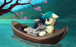 Size: 2650x1656 | Tagged: safe, artist:emeraldgalaxy, imported from derpibooru, octavia melody, oc, oc:remainatto, earth pony, pony, unicorn, blushing, boat, canon x oc, chest fluff, commission, duo, duo male and female, ear fluff, eye clipping through hair, eye contact, eyebrows, eyebrows visible through hair, female, floppy ears, g4, high res, horn, looking at each other, looking at someone, male, mare, open mouth, outdoors, river, scenery, shipping, signature, stallion, straight, tree branch, unicorn oc, water