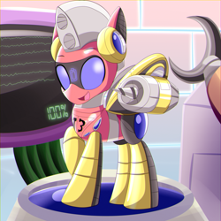 Size: 2000x2000 | Tagged: safe, artist:trackheadtherobopony, imported from derpibooru, oc, oc:trackhead, changeling, robot, claw, computer, drill, jet engine, solo