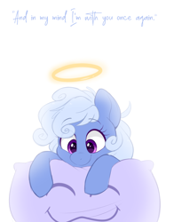 Size: 854x1089 | Tagged: safe, artist:higgly-chan, imported from twibooru, oc, oc only, oc:comfy pillow, pony, female, halo, image, looking down, mare, pillow, png, simple background, solo, white background