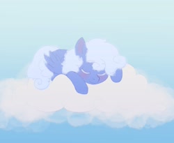 Size: 2884x2364 | Tagged: safe, artist:helemaranth, imported from twibooru, oc, oc:comfy pillow, pegasus, pony, blushing, cloud, eyes closed, image, needs more jpeg, sleeping, solo, wings