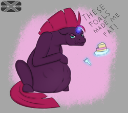 Size: 2806x2480 | Tagged: safe, artist:xenopony456, imported from derpibooru, fizzlepop berrytwist, tempest shadow, pony, unicorn, abdominal bulge, belly, belly button, cake, dialogue, food, grumpy, implied weight gain, kicking, looking at you, magic, pregnant, solo, tail, telekinesis