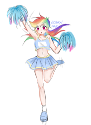 Size: 596x815 | Tagged: safe, artist:rainn__1026, imported from derpibooru, rainbow dash, human, :o, blushing, cheerleader, cheerleader outfit, clothes, eye clipping through hair, eyebrows, eyebrows visible through hair, female, midriff, open mouth, pom pom, shoes, simple background, skirt, solo, white background