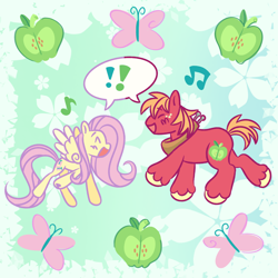 Size: 1500x1500 | Tagged: safe, artist:hidoodlee, imported from derpibooru, big macintosh, fluttershy, earth pony, pegasus, pony, cute, exclamation point, female, fluttermac, macabetes, male, mare, music notes, open mouth, open smile, shipping, shyabetes, singing, smiling, stallion, straight