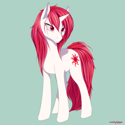 Size: 3000x3000 | Tagged: safe, artist:nutellaenjoyer, imported from derpibooru, oc, oc only, pony, unicorn, high res, horn, light skin, red eyes, red mane, solo, standing, sun, unicorn oc