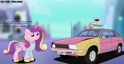 Size: 4664x2398 | Tagged: safe, artist:sparkfler85, derpibooru exclusive, imported from derpibooru, princess cadance, alicorn, pony, austin motor company, austin princess, car, clothes, crystal empire, female, hoof shoes, jewelry, name pun, necklace, shirt, solo, story included, vehicle