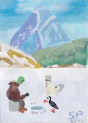 Size: 887x1234 | Tagged: safe, artist:shitty painter, oc, oc only, oc:anon, oc:current seeker, human, pony, puffin, female, fishing, ice fishing, mare, mountain, scenery, traditional art, yakutian horse