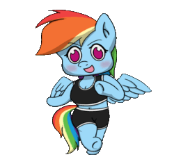Size: 498x451 | Tagged: safe, artist:mranthony2, imported from derpibooru, rainbow dash, anthro, pegasus, animated, belly button, breasts, chibi, cleavage, clothes, cute, dancing, gif, idolmaster, midriff, mio honda, png, simple background, skipping, solo, step!, transparent background