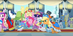 Size: 1279x625 | Tagged: safe, imported from derpibooru, screencap, applejack, fluttershy, pinkie pie, princess cadance, rainbow dash, rarity, shining armor, twilight sparkle, magical mystery cure, clothes, coronation dress, crown, dress, floral head wreath, flower, group hug, hat, hug, jewelry, mane six, regalia, tiara