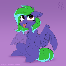 Size: 1200x1200 | Tagged: safe, artist:airfly-pony, imported from derpibooru, oc, oc only, oc:weldbead, pegasus, pony, :p, blushing, female, gradient background, looking up, mare, mlem, patreon, patreon reward, pegasus oc, silly, sitting, solo, tongue out, wings