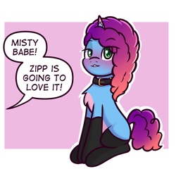 Size: 3000x3000 | Tagged: safe, artist:magician-horse, derpibooru exclusive, imported from derpibooru, pony, unicorn, bedroom eyes, blushing, clothes, collar, g5, implied lesbian, implied pipp petals, implied shipping, misty brightdawn, pale belly, rebirth misty, simple background, sitting, socks, solo