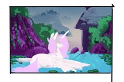 Size: 676x448 | Tagged: safe, artist:thelunarmoon, imported from derpibooru, princess celestia, alicorn, pony, border, butt, facing away, female, mare, partially submerged, pink-mane celestia, plot, river, solo, spread wings, sunbutt, water, wings, wip