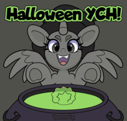 Size: 2000x1907 | Tagged: safe, artist:partypievt, imported from derpibooru, oc, oc only, alicorn, earth pony, pegasus, pony, unicorn, animated, bubble, cauldron, commission, fangs, gif, gray background, hat, looking at you, simple background, solo, witch, witch costume, witch hat, ych animation, ych example, your character here