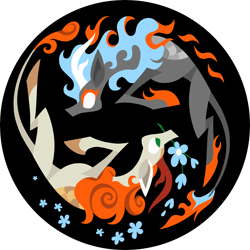 Size: 2938x2937 | Tagged: safe, alternate version, artist:dany-the-hell-fox, imported from derpibooru, kirin, nirik, sounds of silence, black background, duality, duo, flower, mane of fire, mouth hold, simple background, trace, vector, yin-yang