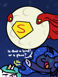 Size: 1350x1800 | Tagged: safe, artist:flutterluv, imported from derpibooru, princess celestia, princess luna, alicorn, pony, series:flutterluv's full moon, cape, celestia is not amused, clothes, dc comics, dialogue, duo, full moon, moon, night, no, pun, superman, supermoon, unamused