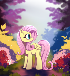 Size: 3613x3944 | Tagged: safe, artist:nnaly, imported from derpibooru, angel bunny, fluttershy, pegasus, pony, rabbit, animal, duo, exclamation point, female, flower, folded wings, g4, high res, looking back, mare, outdoors, profile, smiling, solo focus, wings