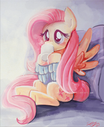 Size: 1710x2086 | Tagged: safe, alternate version, artist:sophiesplushies, imported from derpibooru, fluttershy, pegasus, pony, clothes, cute, female, g4, holding, mare, mug, shyabetes, signature, sitting, solo, spread wings, sweater, sweatershy, wings