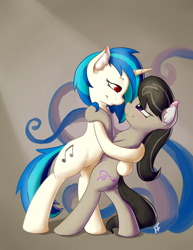 Size: 2550x3300 | Tagged: safe, artist:fearingfun, imported from derpibooru, dj pon-3, octavia melody, vinyl scratch, earth pony, pony, unicorn, bedroom eyes, bipedal, chest fluff, dancing, duo, duo female, ear fluff, eye contact, female, g4, high res, horn, hug, lesbian, looking at each other, looking at someone, mare, scratchtavia, shipping, smiling, smiling at each other