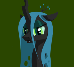 Size: 852x770 | Tagged: artist needed, safe, imported from twibooru, queen chrysalis, changeling, changeling queen, bust, fangs, female, floppy ears, green background, image, lidded eyes, looking at you, png, portrait, simple background, slit pupils, solo