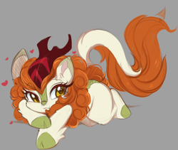 Size: 4096x3454 | Tagged: safe, artist:papilrux, imported from derpibooru, autumn blaze, kirin, awwtumn blaze, cloven hooves, cute, female, floating heart, g4, gray background, heart, high res, horn, kirinbetes, looking at you, simple background, smiling, smiling at you, solo, unshorn fetlocks