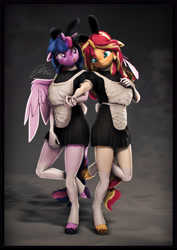 Size: 4000x5656 | Tagged: safe, artist:imafutureguitarhero, imported from derpibooru, sci-twi, sunset shimmer, twilight sparkle, alicorn, anthro, classical unicorn, unguligrade anthro, unicorn, 3d, :p, absurd resolution, adorasexy, alicornified, apron, arm freckles, blushing, border, bunny ears, bunny tail, cheek fluff, chin fluff, chromatic aberration, clothes, cloven hooves, colored eyebrows, colored eyelashes, colored wings, cute, dialogue in the description, duo, ear fluff, ear freckles, embarrassed, evening gloves, female, film grain, floppy ears, fluffy, fluffy hair, fluffy mane, fluffy tail, freckles, french maid, fur, gloves, hand on chest, holding hands, hoof fluff, horn, leg fluff, leg freckles, leonine tail, lesbian, long gloves, long hair, long mane, looking at someone, maid, mare, matching outfits, multicolored hair, multicolored mane, multicolored tail, neck fluff, nose wrinkle, one ear down, paintover, peppered bacon, race swap, raised leg, revamped anthros, revamped ponies, scitwilicorn, scitwishimmer, scrunchy face, see-through, sexy, shipping, signature, skindentation, smiling, smiling at someone, socks, source filmmaker, standing, standing on one leg, stockings, sunsetsparkle, tail, tail fluff, thigh highs, tongue out, twilight sparkle (alicorn), two toned wings, unshorn fetlocks, vertical, wall of tags, wings