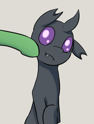 Size: 957x1250 | Tagged: safe, artist:triplesevens, imported from twibooru, changeling, pony, boop, fangs, gray background, image, male, offscreen character, png, purple changeling, simple background, solo focus