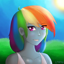 Size: 1200x1200 | Tagged: safe, artist:empyu, imported from derpibooru, rainbow dash, equestria girls, bust, looking at you, portrait