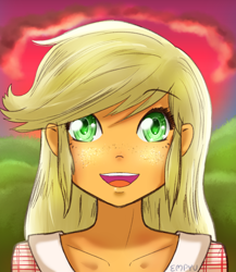 Size: 1040x1200 | Tagged: safe, artist:empyu, imported from derpibooru, applejack, equestria girls, bust, looking at you, portrait