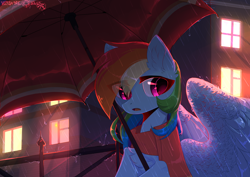 Size: 3508x2480 | Tagged: safe, artist:hakkerman, imported from derpibooru, rainbow dash, pegasus, pony, building, chest fluff, clothes, cute, dashabetes, ear fluff, eye clipping through hair, female, fence, g4, high res, looking at you, mare, open mouth, outdoors, rain, scarf, signature, solo, spread wings, umbrella, window, wings