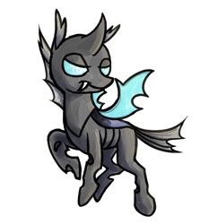 Size: 800x825 | Tagged: artist needed, safe, imported from twibooru, changeling, fangs, flying, image, lidded eyes, png, raised hoof, simple background, solo, white background