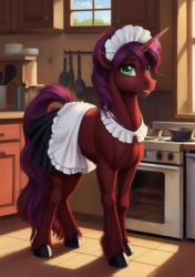 Size: 768x1088 | Tagged: safe, imported from derpibooru, oc, oc only, oc:jackie pie, pony, unicorn, ai content, ai generated, clothes, crossdressing, cute, femboy, fetish, fixed version, generator:stable diffusion, kitchen, maid, male, prompter:jackiepie, stallion