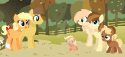 Size: 750x345 | Tagged: safe, artist:moonie-dreams, imported from derpibooru, applejack, caramel, oc, oc:apple candy, oc:apple pie, oc:john apple, oc:sweet apple, earth pony, pony, baby, baby pony, carajack, colt, female, filly, foal, male, mare, offspring, parent:applejack, parent:caramel, parents:carajack, shipping, stallion, straight