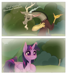 Size: 3040x3391 | Tagged: safe, alternate version, artist:daffolyn, edit, imported from derpibooru, part of a set, discord, twilight sparkle, alicorn, pony, comic:discordant intentions, comic:discordant intentions (version 2), the ending of the end, bell, blushing, bowing, comic, commissioner:zcord, duo, flashback, grass, high res, hoof on chest, offscreen character, outdoors, part of a series, scene interpretation, story included, text edit, twilight sparkle (alicorn)